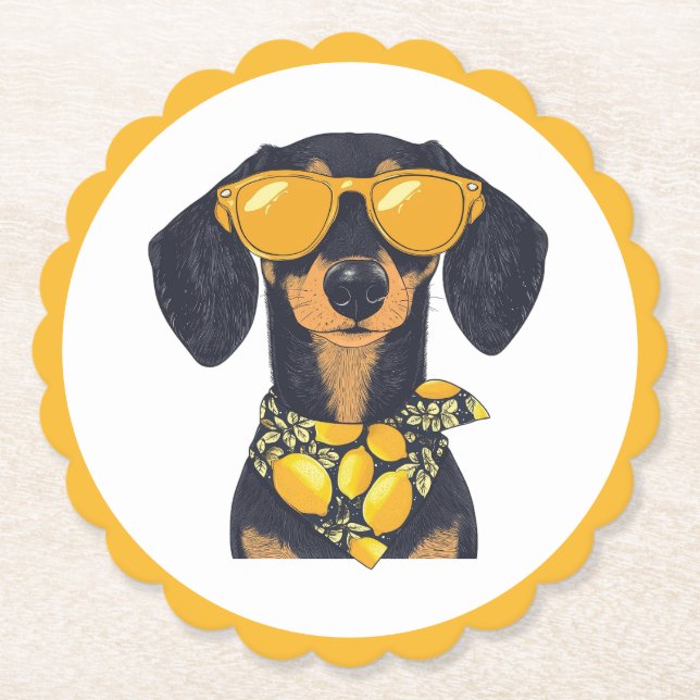 Snygga dachshund hund solglasögon citroner underlägg papper (Framsida)