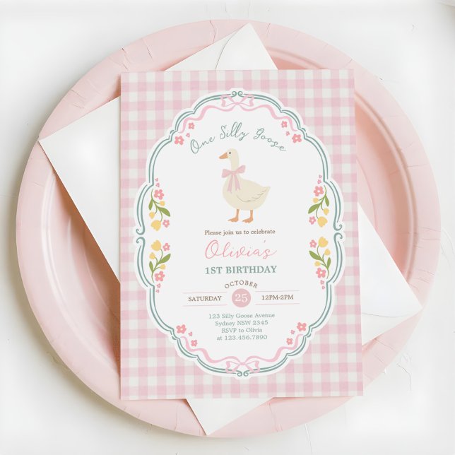 Snygga En Dumma Gås Rosa Rosett Flicka 1-årsdag Inbjudningar (Skapare uppladdad)