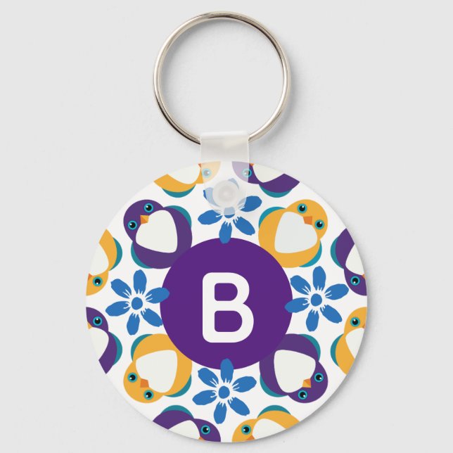 Snygga Fåglar och Blommor Krans Monogram Nyckelring (Framsida)
