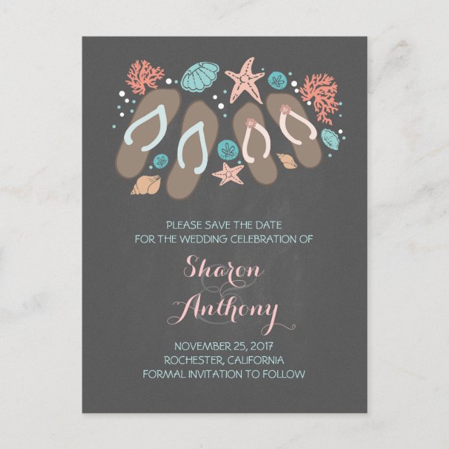 Snygga flip flops strand bröllop spara datumet meddelande vykort (Framsida)