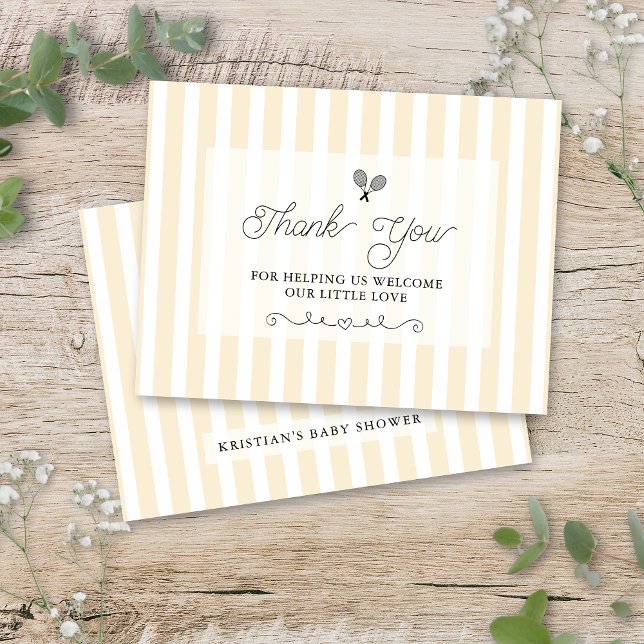 Snygga gula randiga tennis preppy tack-kort vykort (chic preppy yellow and white striped baby shower flat thank you cards for elegant upscale events)