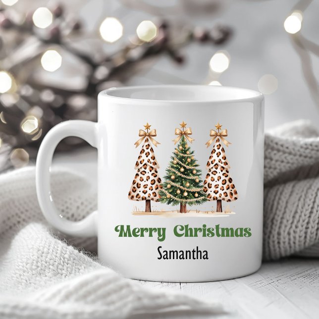 Snygga Leopards Julgranar Anpassad Namn Mugg (Chic Leopard Christmas Trees Custom Name Mug)
