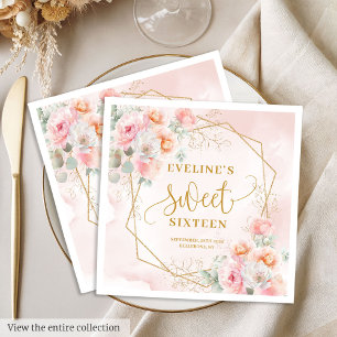Snygga ljus rosa guld peonblommor sweet sixteen se pappersservett