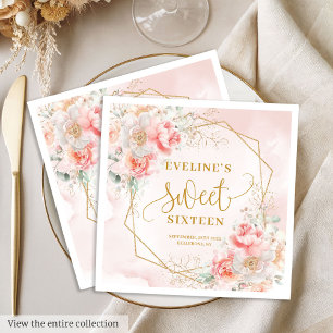 Snygga ljusrosa guldfärgade blommor Sweet 16 födel Pappersservett