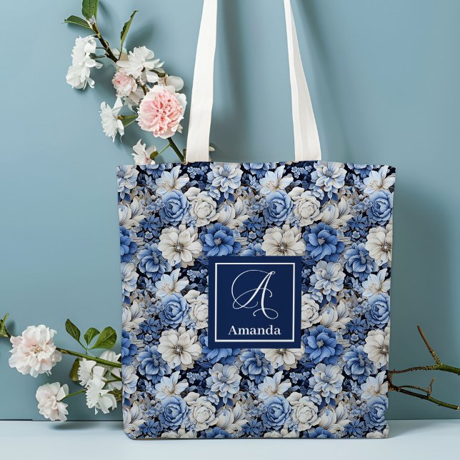 Snygga marinblå blommor anpassad namn handväskor tygkasse (Chic Navy Blue Flowers Custom Name Tote Bag)