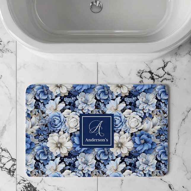 Snygga marinblå blommor anpassat namn badrumsmatto badrumsmatta (Chic Navy Blue Flowers Custom Name Bath Mat)