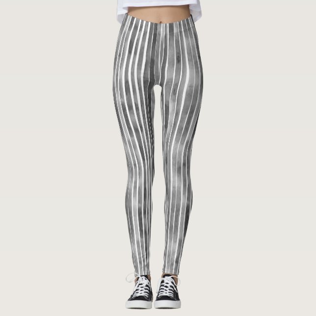 Snygga Moderna Monokroma Grå Ränder Vattenfärg Leggings (Framsida)