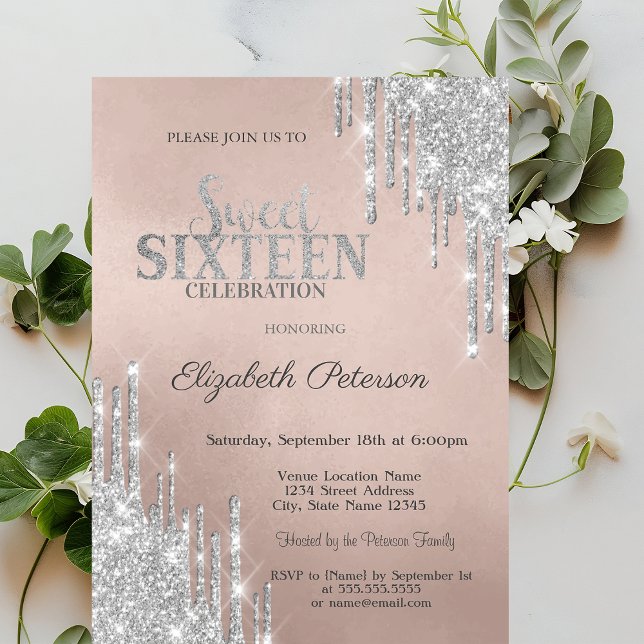 Snygga Moderna Silverglitterdroppar Sweet 16 Inbjudningar (Skapare uppladdad)