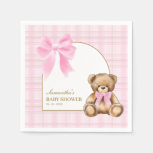 Snygga nalle rosa rutmönstrade babyshower servette pappersservett