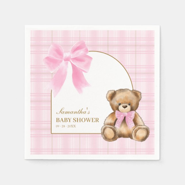 Snygga nalle rosa rutmönstrade babyshower servette pappersservett (Framsidan)