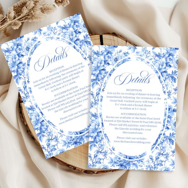Snygga navy toalettrosor bröllopsgästinformation  tilläggskort (Chic navy toile roses wedding guest information inserts

)
