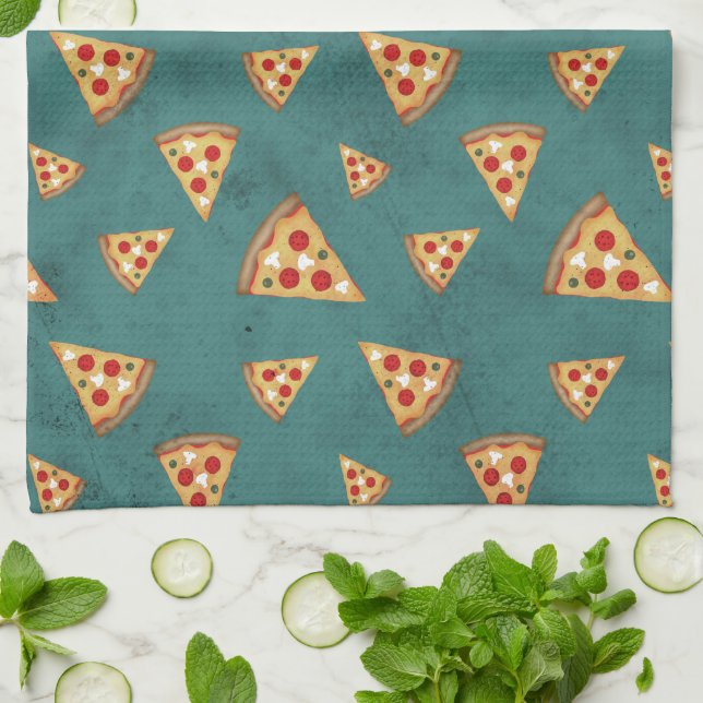 Snygga pizzaskivor vintage teal mönster kökshandduk (Vikta)