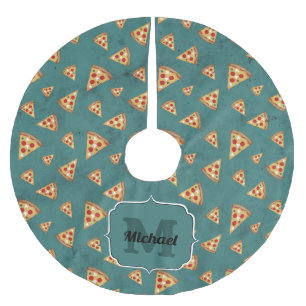 Snygga pizzaskivor vintage teal mönster Monogram Julgransmatta Borstad Polyester