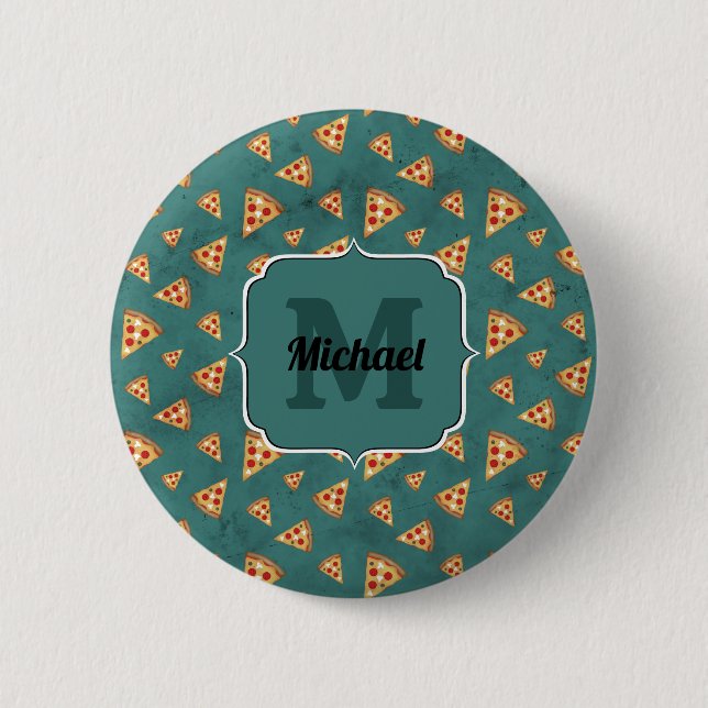 Snygga pizzaskivor vintage teal mönster Monogram Knapp (Framsida)