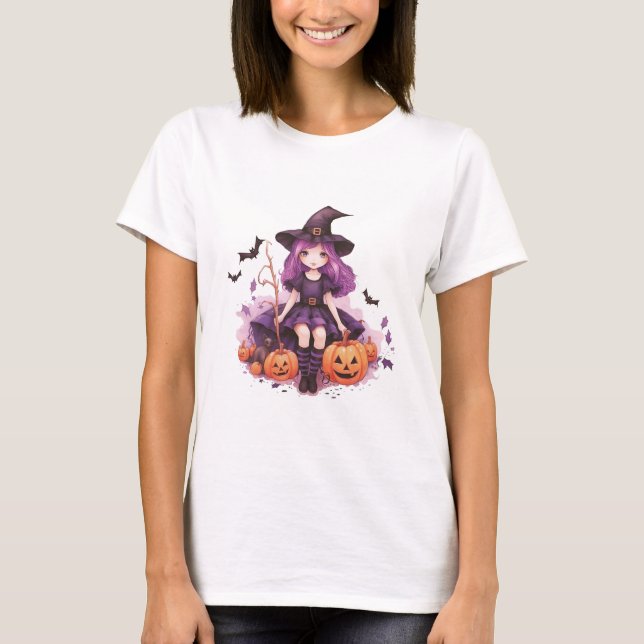 Snygga Purpurhåriga Häx Pumpa & Fladdermöss T Shirt (Framsida)