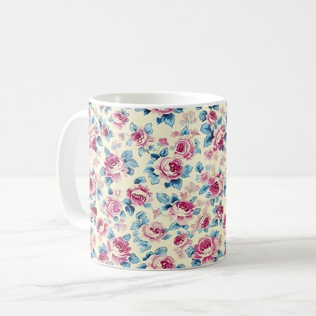 Snygga Romantic Vår Rosa Girly Flowers Kaffemugg (Framsida vänster)