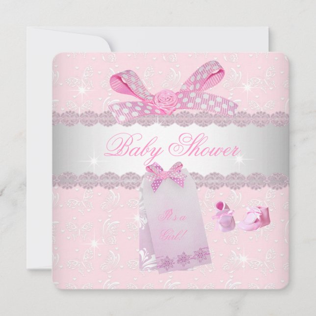 Snygga rosa baby shower flicka stövlar inbjudningar (Framsida)