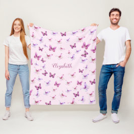 Snygga Rosa Fjärilar Anpassat Namn Fläskfilt Fleecefilt