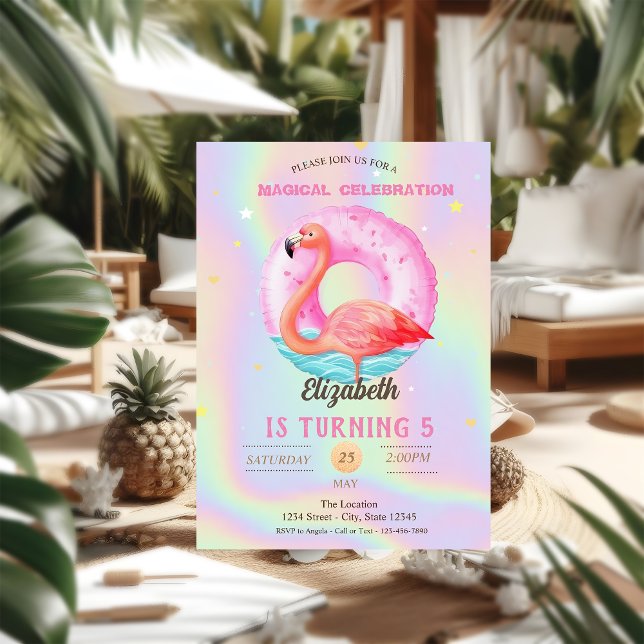 Snygga rosa flamingos poolflotte holografisk  inbjudningar (Skapare uppladdad)
