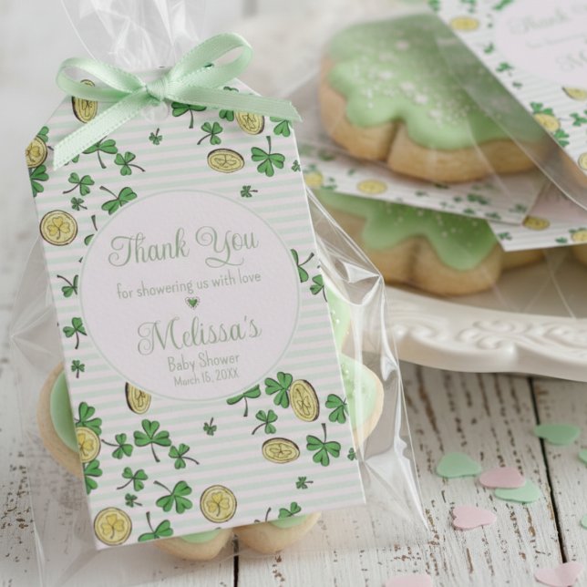 Snygga rosa gröna klöver & lyckliga mynt tack  presentetikett (Cute Shamrocks Thank You Pink Green St Patrick's Day Irish Baby Shower Favor Tags for Mother to Be)
