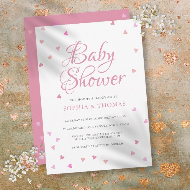 Snygga Rosa Kärlekshjärta Par Baby Shower Inbjudningar (Pretty Pink Love Hearts Couples Baby Shower Invitation)