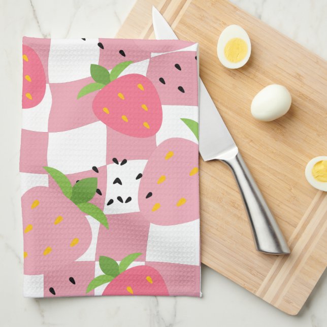 Snygga rosa köksjordgubbar rutig design kökshandduk (Vikt i Fjärdedel)