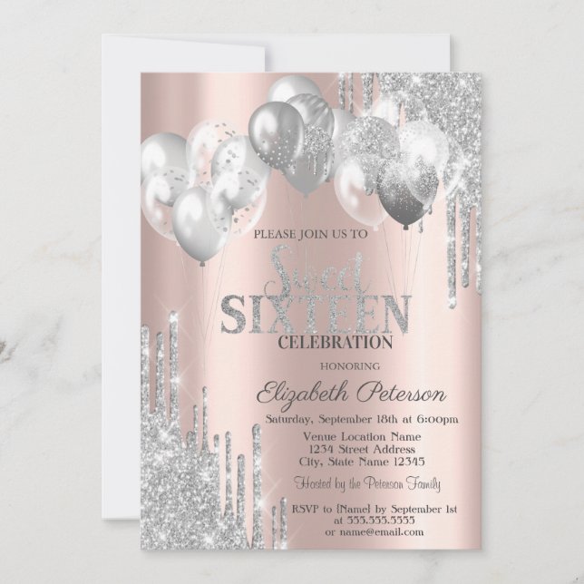 Snygga Silver Glitterdroppar Ballonger Sweet 16 Inbjudningar (Framsida)