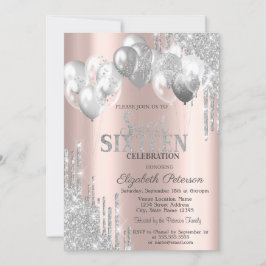Snygga Silver Glitterdroppar Ballonger Sweet 16 Inbjudningar