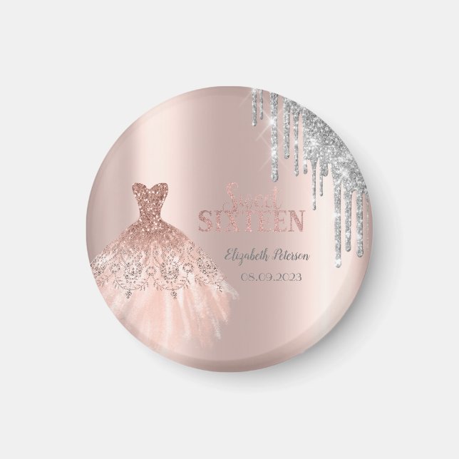 Snygga silverglitterdroppar, klänning roséguld magnet (Framsidan)