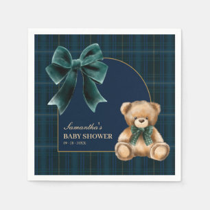 Snygga Teddybjörn Grön Rutiga Baby Shower Servette Pappersservett