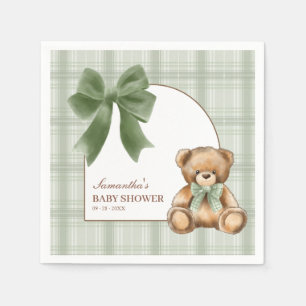 Snygga Teddybjörn Sage-rutiga Baby Shower Servette Pappersservett