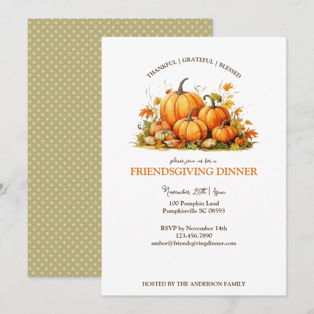 Snygga Vattenfärg Pumpa Friendsgiving Thanksgiving Inbjudningar (Fram/baksida)