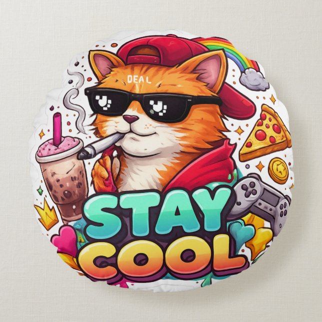 Snygga Vibbar – Chill Cat Streetwear Rund Kudde (Framsidan)