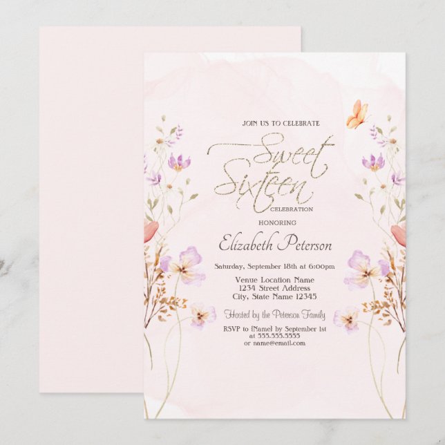 Snygga vilda blommor Rosa akvarell Sweet 16 Inbjudningar (Fram/baksida)