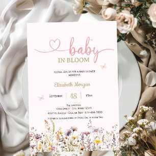Snygga vilda blommor Rosa Baby I Knopp Babyfirande Inbjudningar