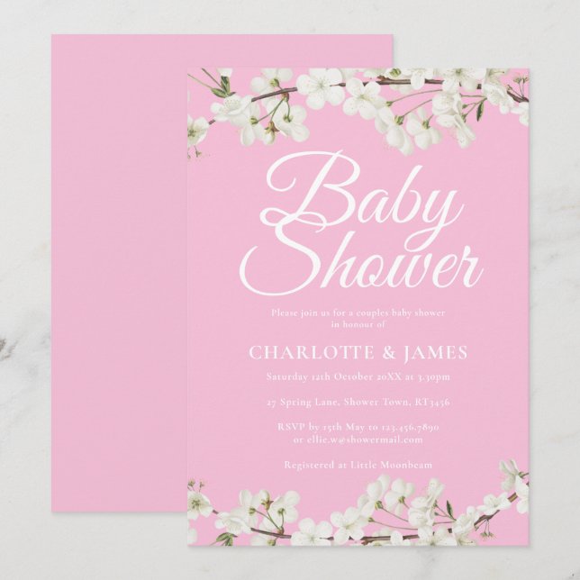 Snygga vita blomkvinnor par baby shower/sprinkle inbjudningar (Fram/baksida)