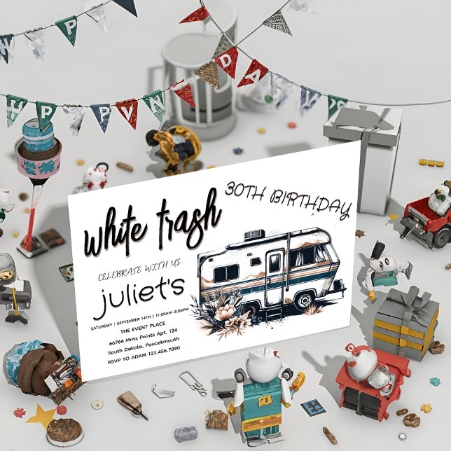 Snygga vita lortiga inbjudningskort till 30-årsfes (Skapare uppladdad)