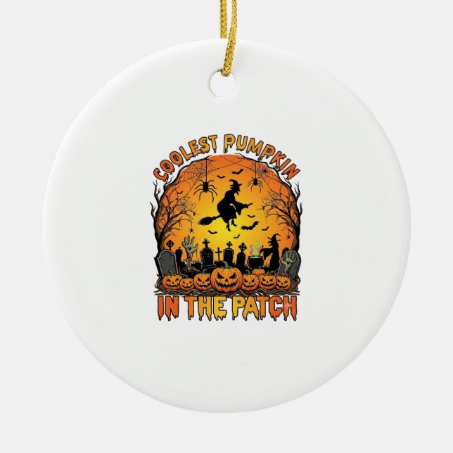 Snyggaste Pumpkin Patch Halloween-häxa Spindlar Gr Julgransprydnad Keramik (Framsidan)