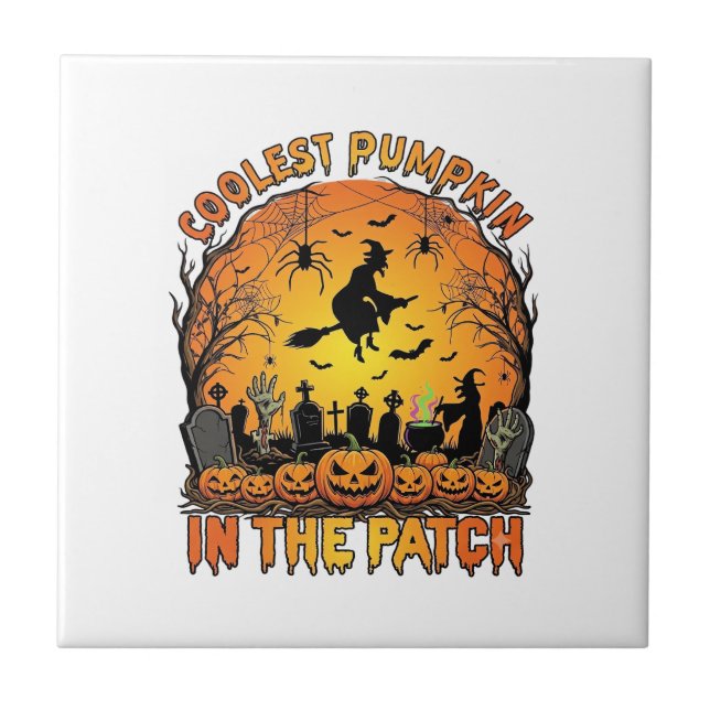 Snyggaste Pumpkin Patch Halloween-häxa Spindlar Gr Kakelplatta (Framsidan)