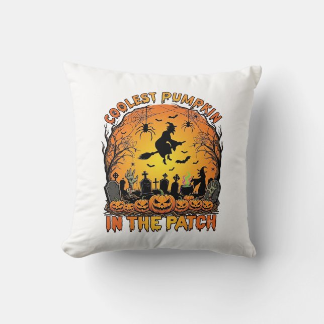 Snyggaste Pumpkin Patch Halloween-häxa Spindlar Gr Kudde (Framsida)