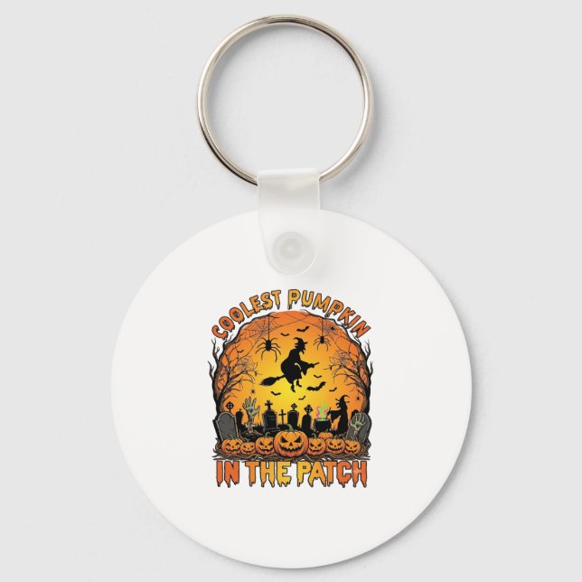 Snyggaste Pumpkin Patch Halloween-häxa Spindlar Gr Nyckelring (Framsida)