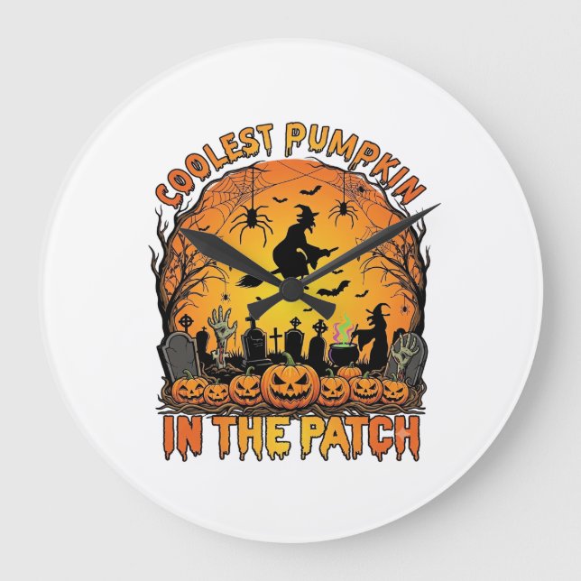 Snyggaste Pumpkin Patch Halloween-häxa Spindlar Gr Stor Klocka (Framsida)