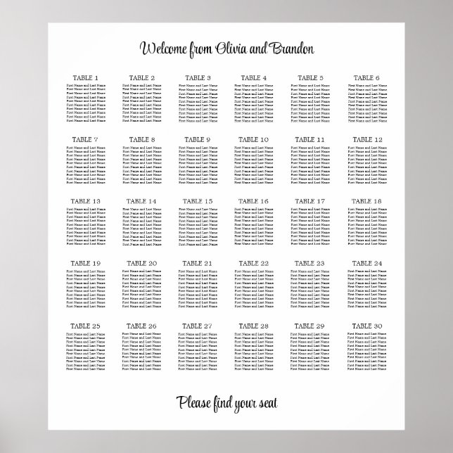 Snyggt 30 Bord Bröllop-sätesdiagram Poster (Framsidan)