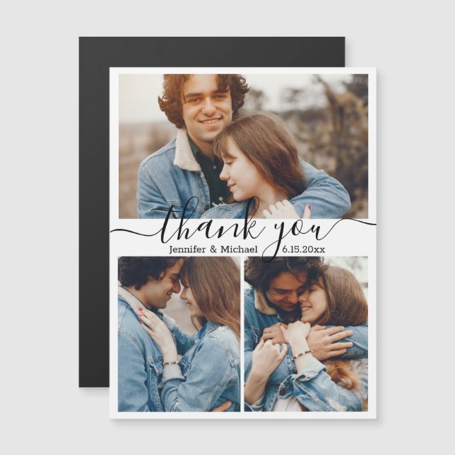 snyggt 3-fotokollage bröllop tack vare magnet (Fram/baksida)