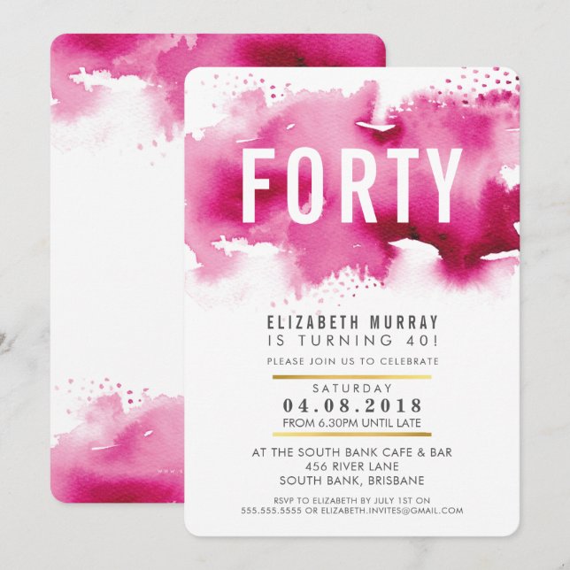 SNYGGT 40-årsdag party INBJUDAN rosa med vattenfär (Fram/baksida)