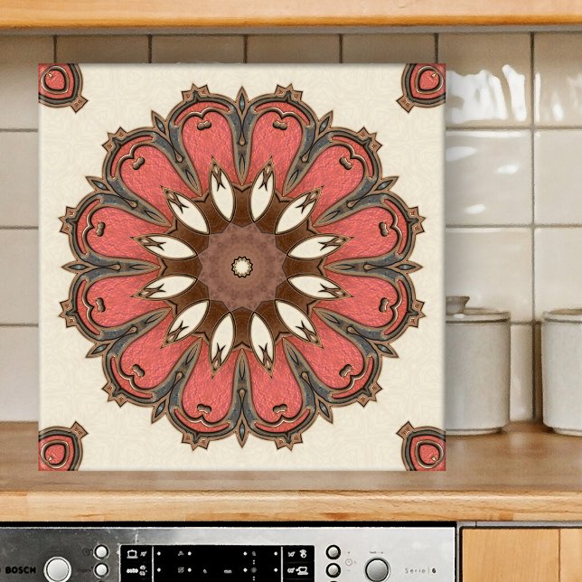 Snyggt Abstrakt Geometric Art Ceramic Tile Kakelplatta (Tile featuring an abstract geometric star pattern inspired by Mediterranean art in warm earth tones )
