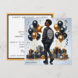 Snyggt African American Boy Black/Guld Birthday Kort