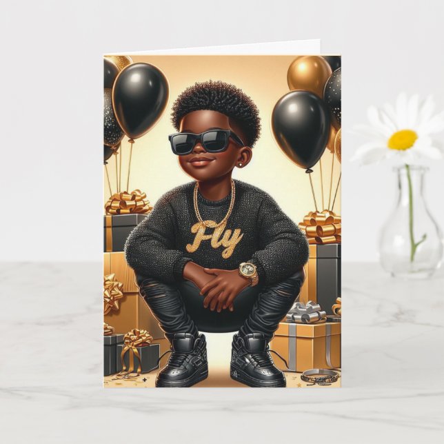 Snyggt African American Boy Black/Guld Birthday Kort (Liten växt)