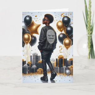 Snyggt African American Boy Black/Guld Birthday Kort