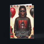Snyggt African American Boy Black/Red Birthday Kort<br><div class="desc">Fira med stil! Vår hälsningskort för födelsedag är ett exempel på en amerikansk pojke i lycklig som rockar en glatt svart och röd tröja, svarta jeans och lyxsolglasögon. Han står mitt i stora svarta och röda presentlådor, konfetti och ballonger. Fronttexterna lyder: "Birthday Behavior". Anpassa ditt speciella hälsning på baksidan. Höj...</div>